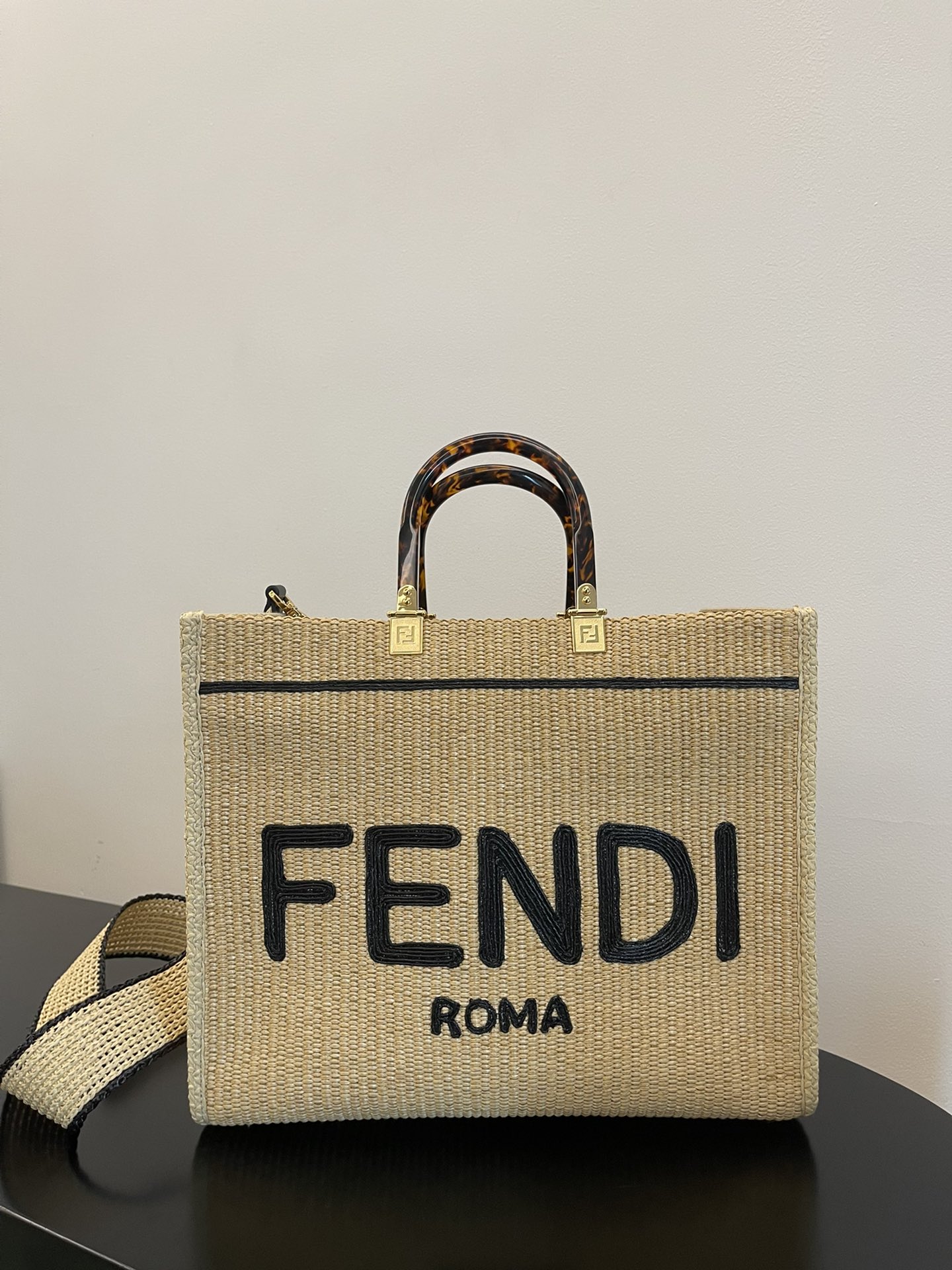 Fendi Medium Sunshine Shopper Black Leather and Beige Cotton Bag